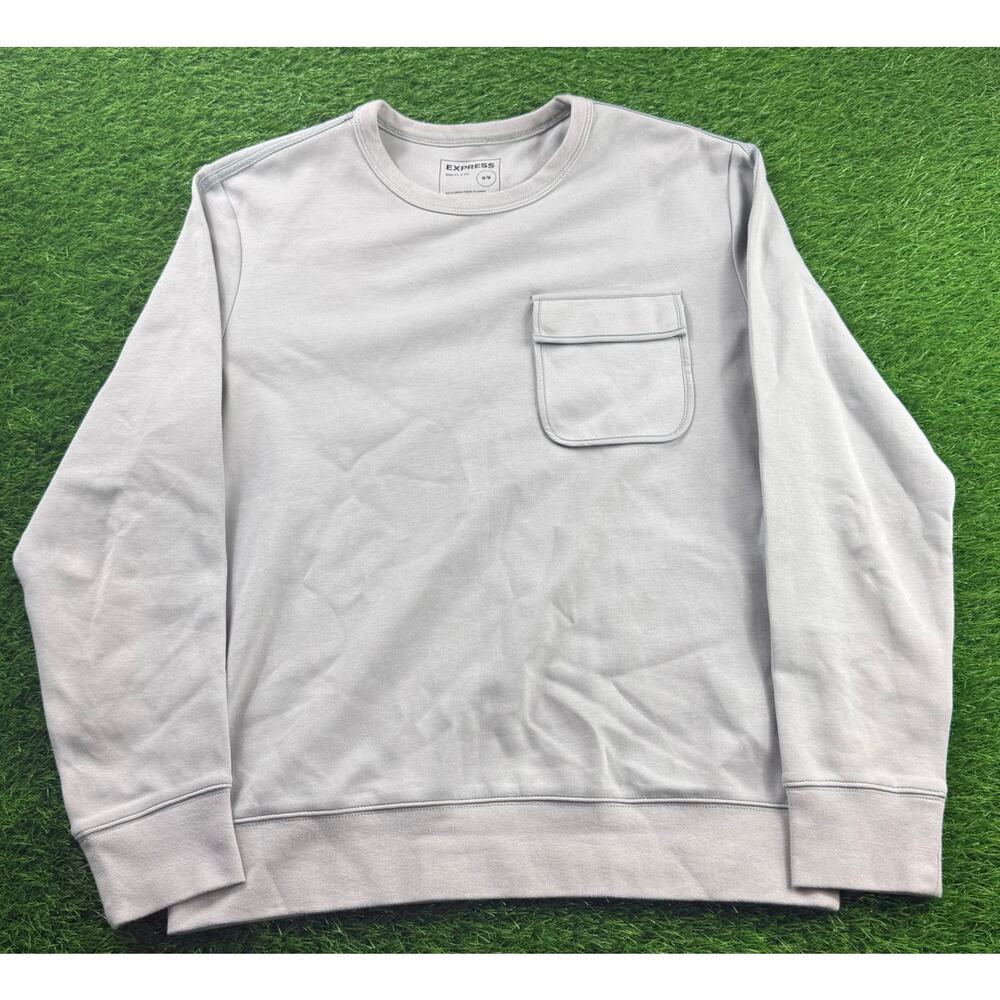 Express Mens Crewneck Pocket Sweatshirt Sz M Light Gray Long Sleeve Cotton Blend
